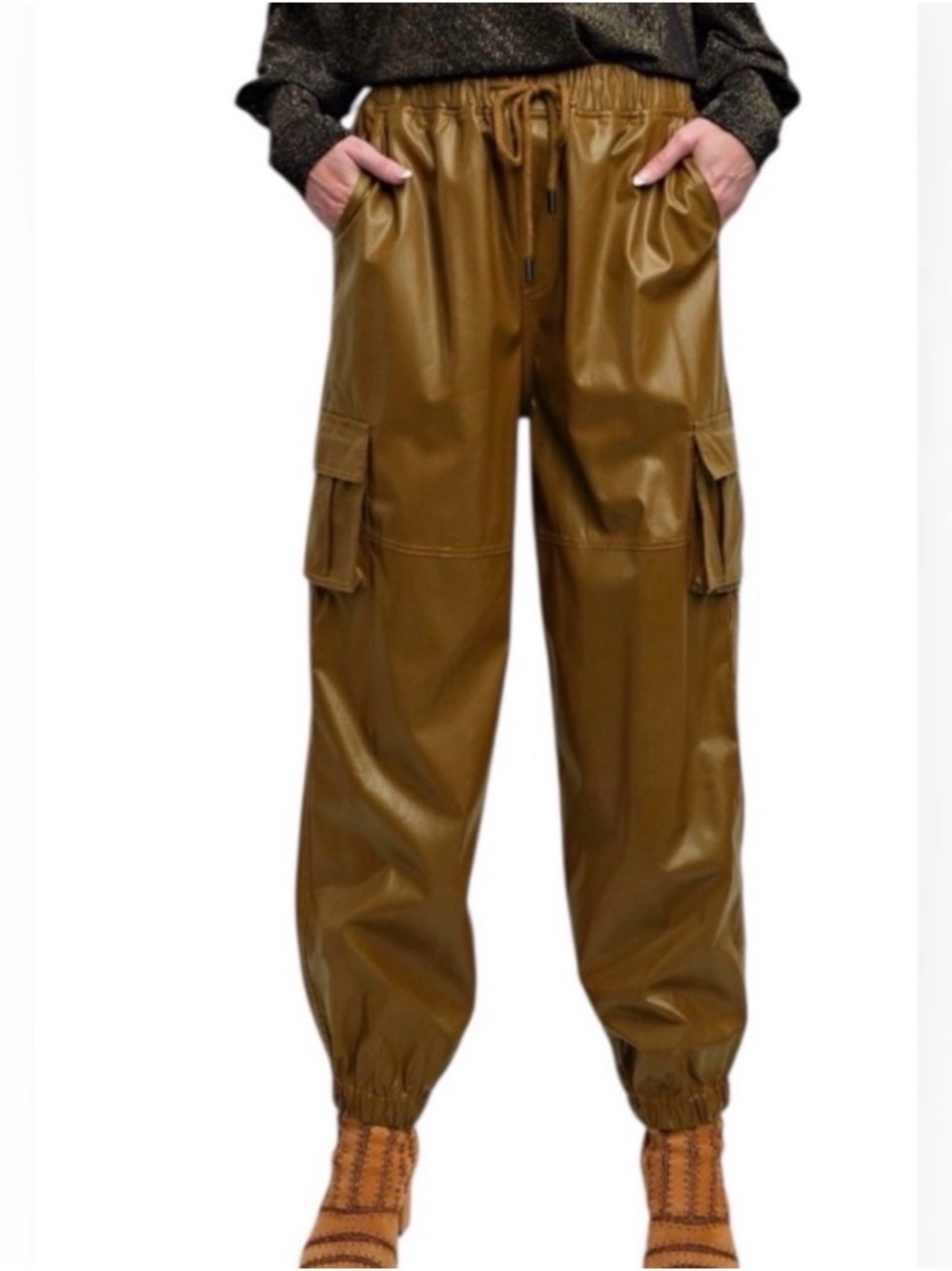 Easel Brown Faux Leather Cargo Jogger Pants, M